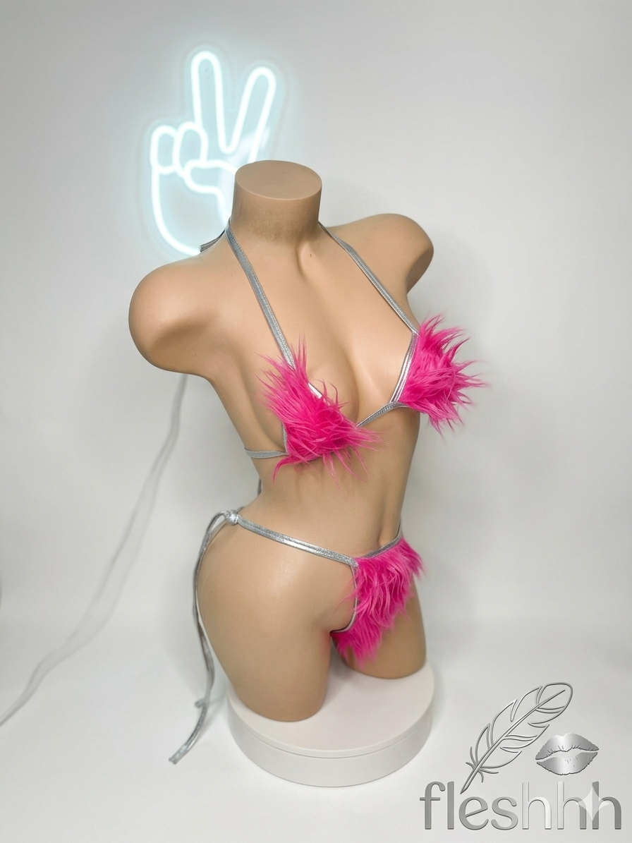 Neon Pink Faux Fur Rave Bikini Set
