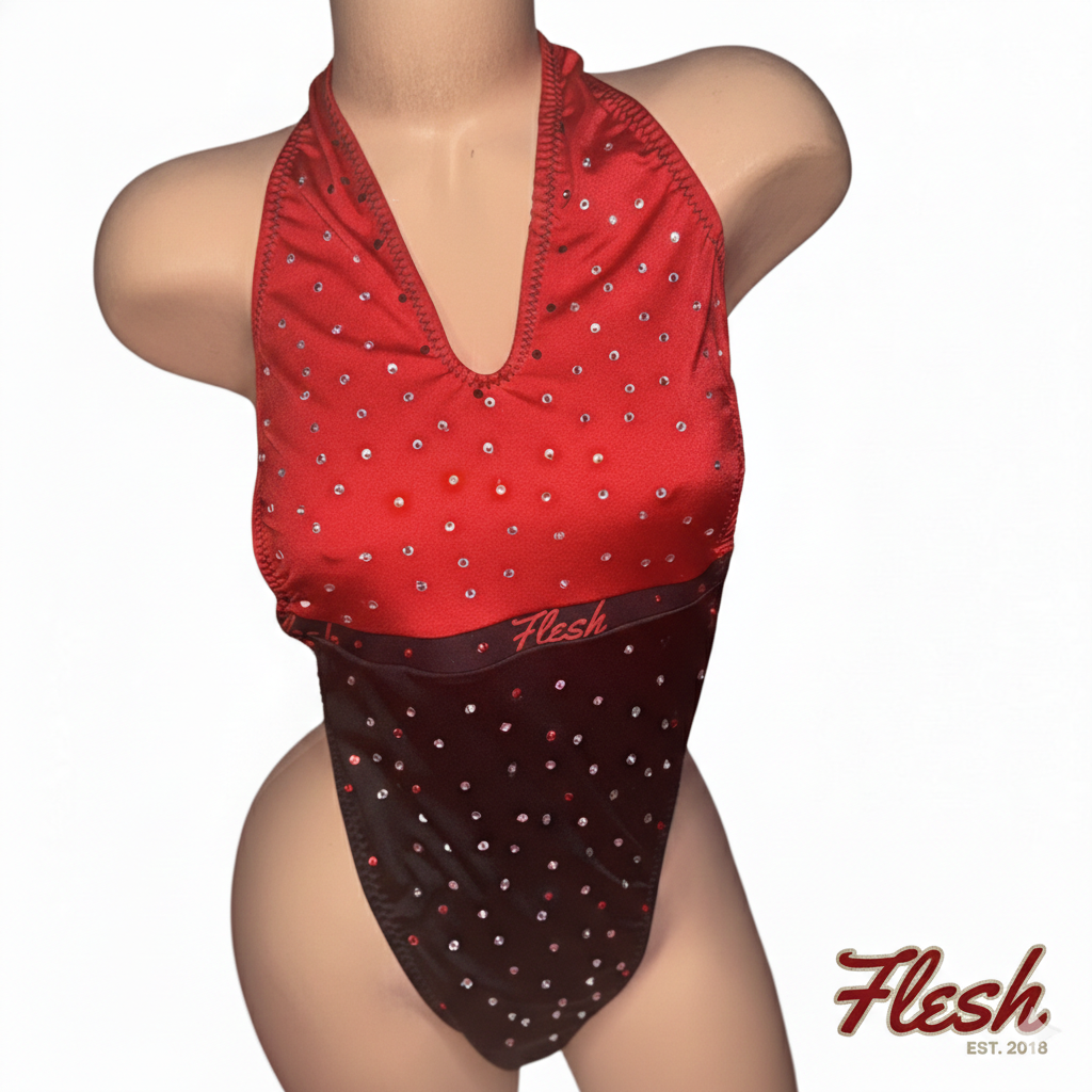 Flesh Crystal Halter Leotard – Red/Black