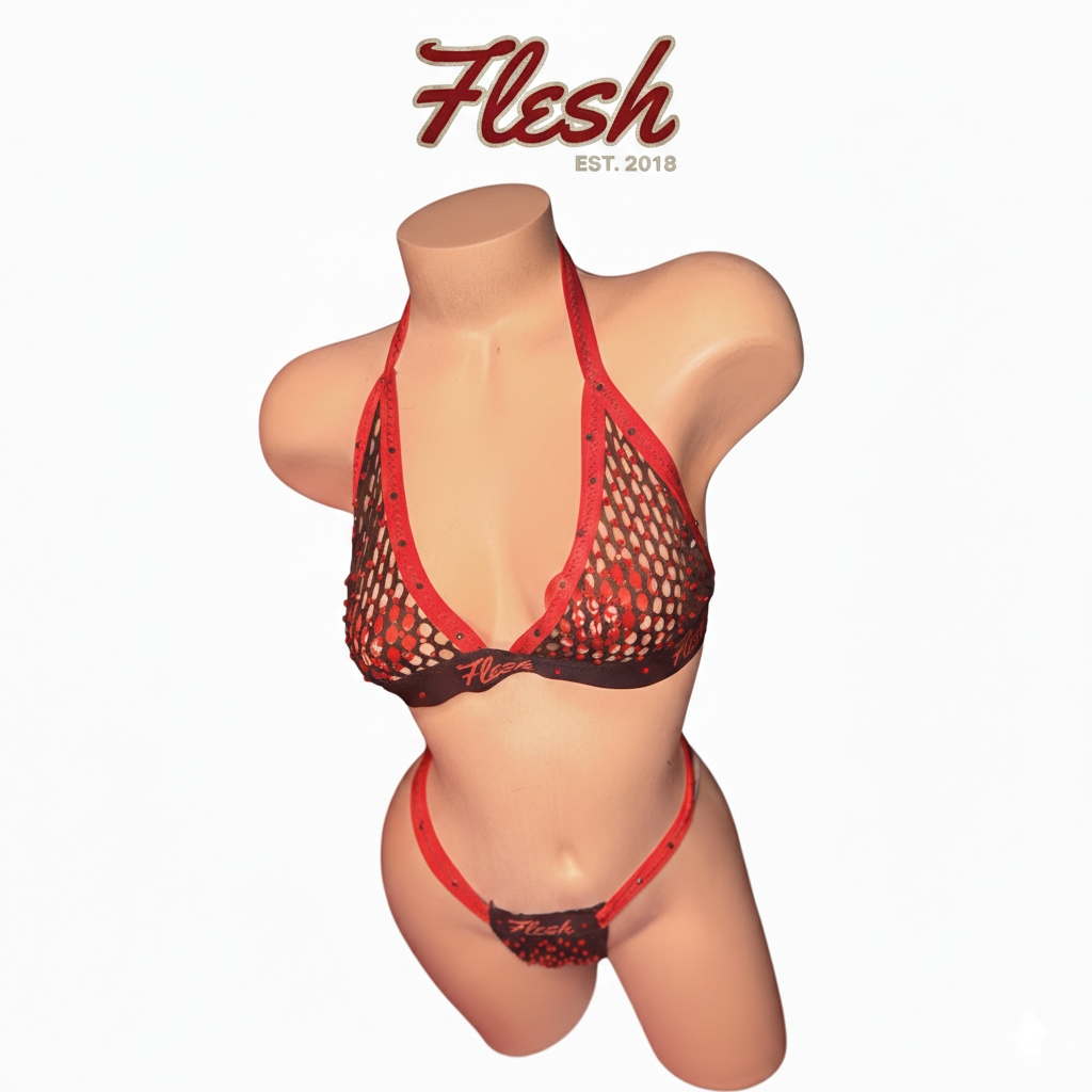 Vixen" Rhinestone Mesh Halter Set – Black & Red