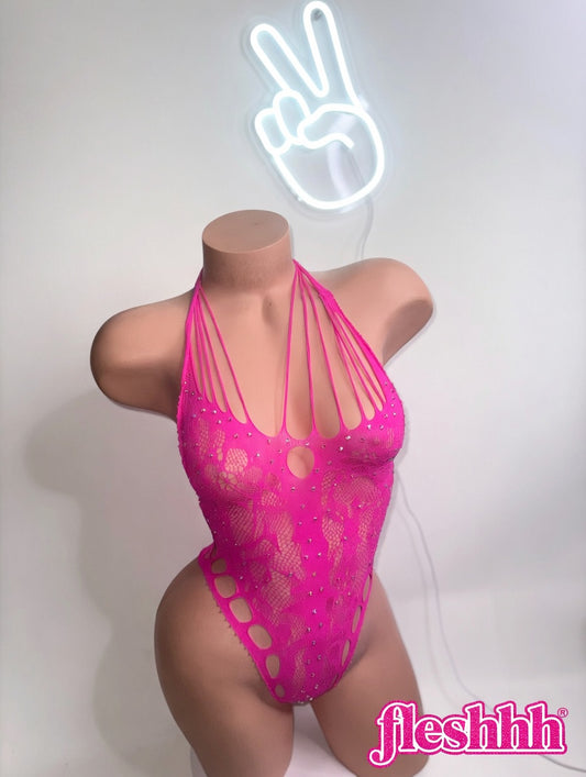 Electric Pink Rhinestone Lace Fishnet
