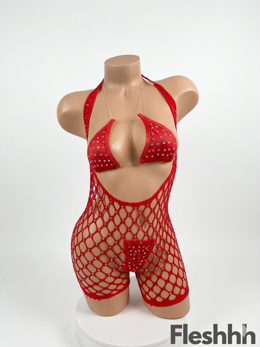 Crimson Sparkle Rhinestone Fishnet Romper
